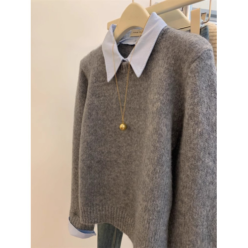 灰色假兩件polo領內搭羊絨毛衣女春季新款慵懶風寬松打底針織上衣 灰色假兩件polo領內搭羊絨毛衣女春季新款慵懶風寬松打底針織上衣