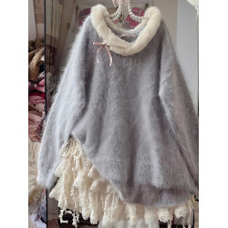 甜美溫柔蝴蝶結套頭毛衣女秋冬軟糯仿水貂絨針織衫慵懶毛毛領上衣