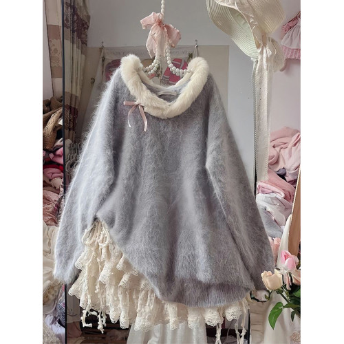 甜美溫柔蝴蝶結套頭毛衣女秋冬軟糯仿水貂絨針織衫慵懶毛毛領上衣 甜美溫柔蝴蝶結套頭毛衣女秋冬軟糯仿水貂絨針織衫慵懶毛毛領上衣