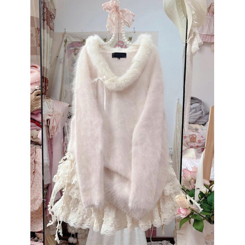 甜美溫柔蝴蝶結套頭毛衣女秋冬軟糯仿水貂絨針織衫慵懶毛毛領上衣 甜美溫柔蝴蝶結套頭毛衣女秋冬軟糯仿水貂絨針織衫慵懶毛毛領上衣