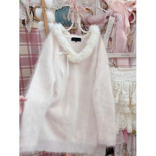 甜美溫柔蝴蝶結套頭毛衣女秋冬軟糯仿水貂絨針織衫慵懶毛毛領上衣 甜美溫柔蝴蝶結套頭毛衣女秋冬軟糯仿水貂絨針織衫慵懶毛毛領上衣