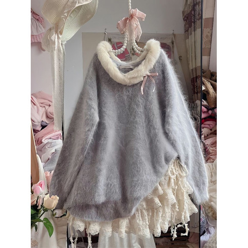 甜美溫柔蝴蝶結套頭毛衣女秋冬軟糯仿水貂絨針織衫慵懶毛毛領上衣 甜美溫柔蝴蝶結套頭毛衣女秋冬軟糯仿水貂絨針織衫慵懶毛毛領上衣