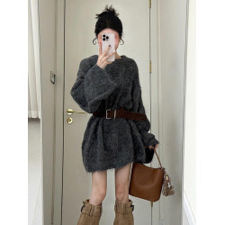 慵懶老錢風灰色軟糯中長款毛衣女秋冬季高級感加厚寬松針織衫上衣