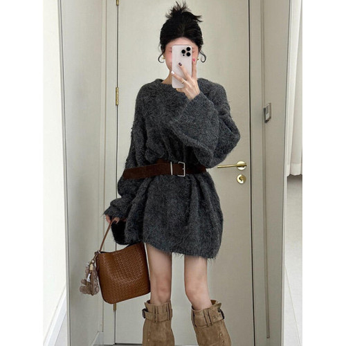 慵懶老錢風灰色軟糯中長款毛衣女秋冬季高級感加厚寬松針織衫上衣 慵懶老錢風灰色軟糯中長款毛衣女秋冬季高級感加厚寬松針織衫上衣