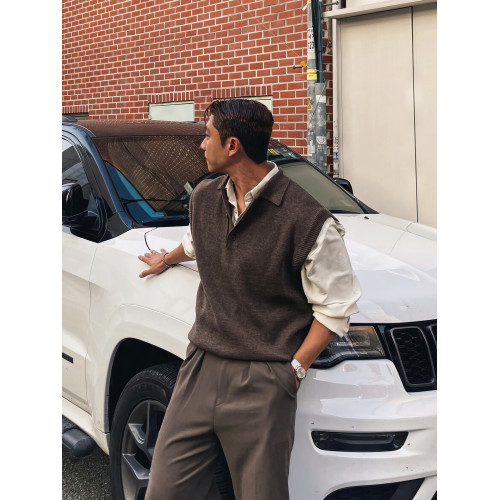 韓版休閒黑色polo領針織衫背心男士春秋時尚輕熟風美拉德毛衣坎肩 韓版休閒黑色polo領針織衫背心男士春秋時尚輕熟風美拉德毛衣坎肩