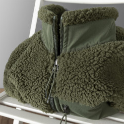 森系~橄欖綠 加厚搖粒絨拉鍊外套男女冬季美式復古貼布夾克衛衣服