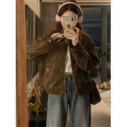 甜酷咖色麂皮絨外套女春秋新款復古小衆短款美拉德上衣夾克小個子