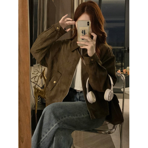 甜酷咖色麂皮絨外套女春秋新款復古小衆短款美拉德上衣夾克小個子 甜酷咖色麂皮絨外套女春秋新款復古小衆短款美拉德上衣夾克小個子