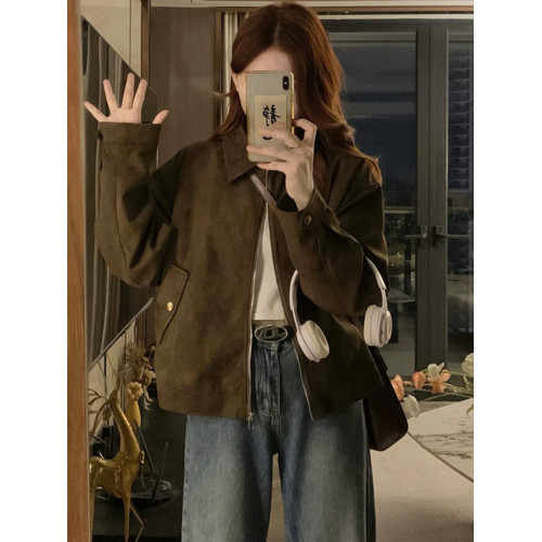甜酷咖色麂皮絨外套女春秋新款復古小衆短款美拉德上衣夾克小個子 甜酷咖色麂皮絨外套女春秋新款復古小衆短款美拉德上衣夾克小個子
