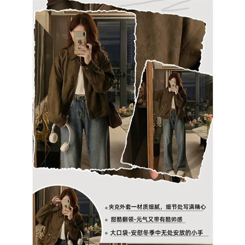 甜酷咖色麂皮絨外套女春秋新款復古小衆短款美拉德上衣夾克小個子 甜酷咖色麂皮絨外套女春秋新款復古小衆短款美拉德上衣夾克小個子