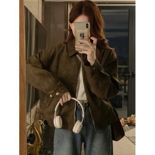 甜酷咖色麂皮絨外套女春秋新款復古小衆短款美拉德上衣夾克小個子 甜酷咖色麂皮絨外套女春秋新款復古小衆短款美拉德上衣夾克小個子