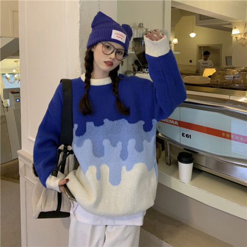 漸變克萊因藍毛衣女秋冬2025年新款設計感小衆慵嬾撞色針織衫上衣