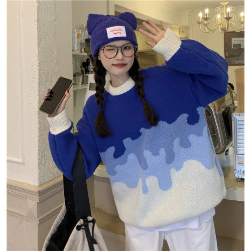 漸變克萊因藍毛衣女秋冬2025年新款設計感小衆慵嬾撞色針織衫上衣