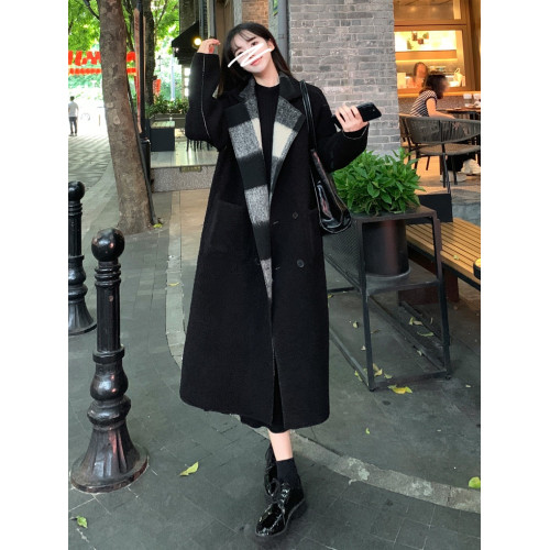 秋冬季加厚兩面穿毛呢大衣女大碼胖mm顯瘦寬松長款格子羊羔絨外套