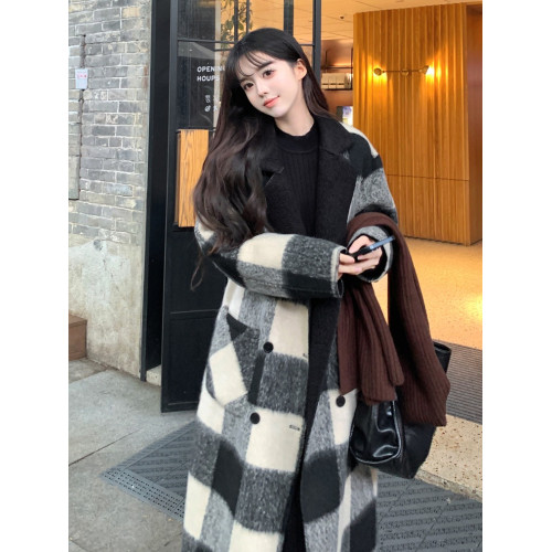 秋冬季加厚兩面穿毛呢大衣女大碼胖mm顯瘦寬松長款格子羊羔絨外套