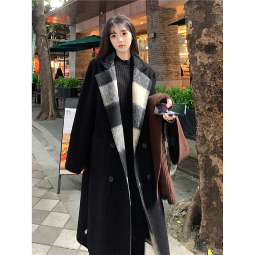 秋冬季加厚兩面穿毛呢大衣女大碼胖mm顯瘦寬松長款格子羊羔絨外套