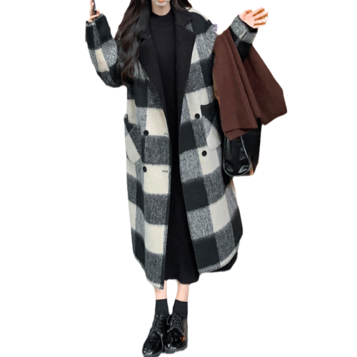 秋冬季加厚兩面穿毛呢大衣女大碼胖mm顯瘦寬松長款格子羊羔絨外套