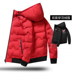 雙面穿白鴨絨羽絨服短款2025秋冬季新款連帽男裝純色保暖防風外套