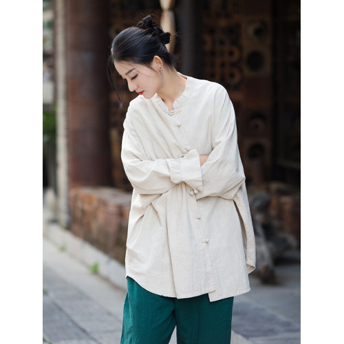 復古盤釦上衣女2025新款文藝禪意茶服秋季旅拍外套中長款棉麻開衫 復古盤釦上衣女2025新款文藝禪意茶服秋季旅拍外套中長款棉麻開衫