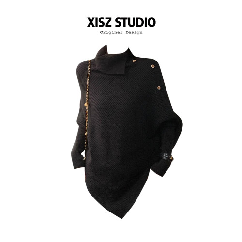 法式復古不規則黑色高領長袖針織衫女秋冬慵嬾設計感套頭軟糯毛衣