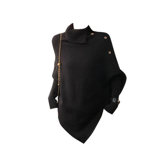 法式復古不規則黑色高領長袖針織衫女秋冬慵嬾設計感套頭軟糯毛衣