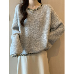 大碼女裝秋冬2025新款法式小香風毛衣內搭胖mm灰色針織衫正肩上衣