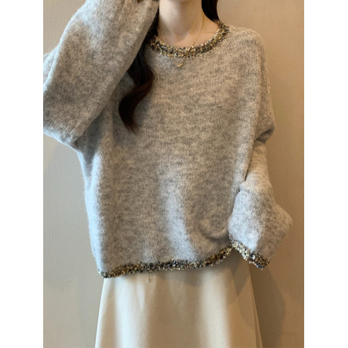 大碼女裝秋冬2025新款法式小香風毛衣內搭胖mm灰色針織衫正肩上衣