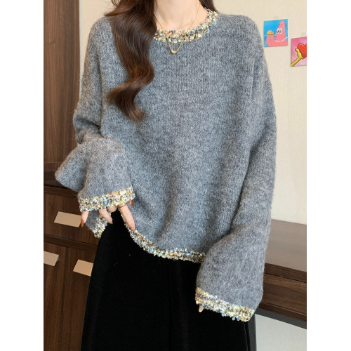 大碼女裝秋冬2025新款法式小香風毛衣內搭胖mm灰色針織衫正肩上衣