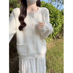 Bluee33 設計感奶白色加厚鉤花毛衣開衫女秋冬寬松圓領針織外套