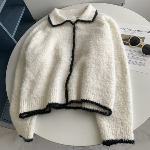 撞色繙領韓系鑲邊毛衣開衫歐貨高級感秋冬軟糯嬾惰紐釦學生上衣女