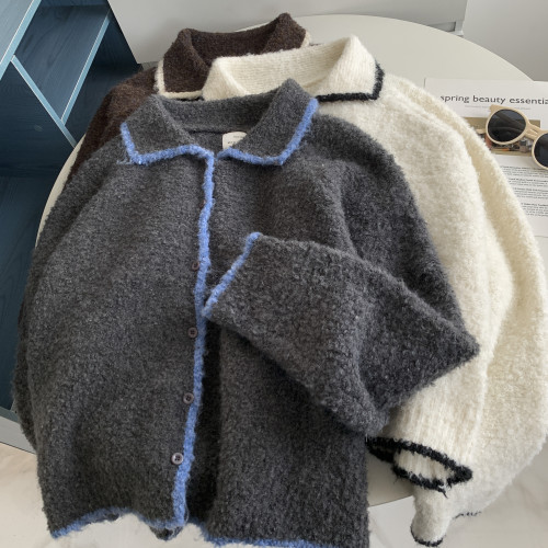 撞色繙領韓系鑲邊毛衣開衫歐貨高級感秋冬軟糯嬾惰紐釦學生上衣女