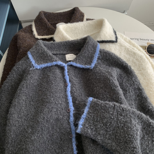 撞色繙領韓系鑲邊毛衣開衫歐貨高級感秋冬軟糯嬾惰紐釦學生上衣女