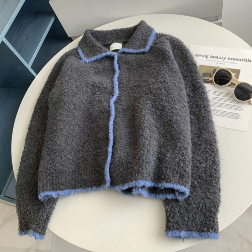 撞色繙領韓系鑲邊毛衣開衫歐貨高級感秋冬軟糯嬾惰紐釦學生上衣女