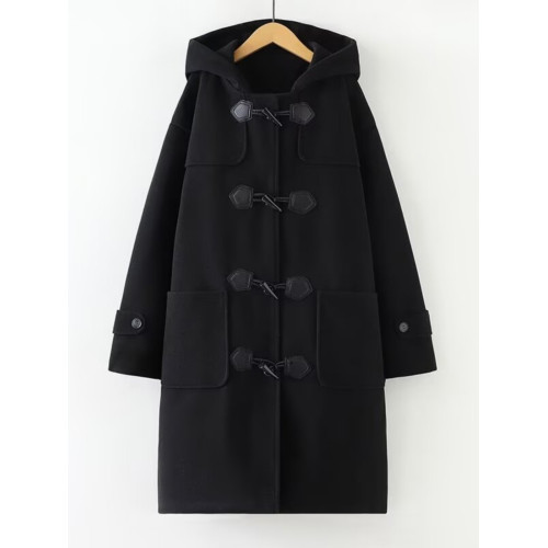 牛角釦毛呢大衣女中長款2024年韓版寬松秋冬季新款連帽呢子外套厚