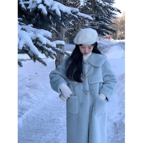 牛角釦羊羔毛大衣冬季女小個子2025新款高級感加厚中長款毛毛外套