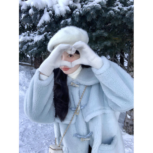 牛角釦羊羔毛大衣冬季女小個子2025新款高級感加厚中長款毛毛外套