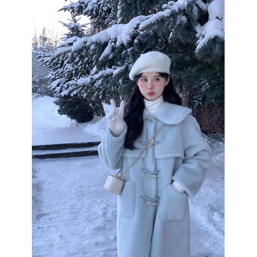 牛角釦羊羔毛大衣冬季女小個子2025新款高級感加厚中長款毛毛外套