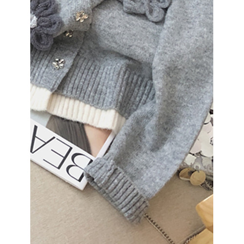 設計高級感氣質手工花朵針織開衫軟糯糯小個子短款灰色毛衣女秋季