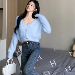 純欲溫柔風海馬毛軟糯針織開衫毛衣短外套裝冬性感吊帶背心女內搭