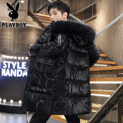 花花公子羽絨服男士中長款2025冬季新款潮流棉衣冬款亮面羽絨棉服