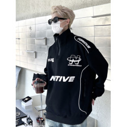 立領衛衣男秋冬情侶馬甲重磅硬挺拼接上衣潮高街半拉鍊賽車服外套