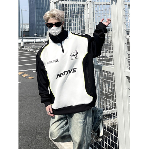 立領衛衣男秋冬情侶馬甲重磅硬挺拼接上衣潮高街半拉鍊賽車服外套 立領衛衣男秋冬情侶馬甲重磅硬挺拼接上衣潮高街半拉鍊賽車服外套