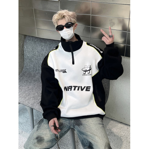 立領衛衣男秋冬情侶馬甲重磅硬挺拼接上衣潮高街半拉鍊賽車服外套 立領衛衣男秋冬情侶馬甲重磅硬挺拼接上衣潮高街半拉鍊賽車服外套