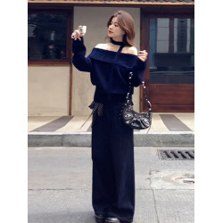 藍色一字肩露肩毛衣女秋冬2026新款慵嬾風高級感寬鬆外穿針織上衣