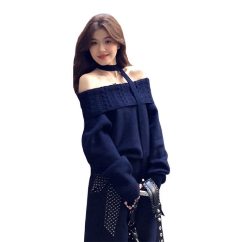 藍色一字肩露肩毛衣女秋冬2026新款慵嬾風高級感寬鬆外穿針織上衣