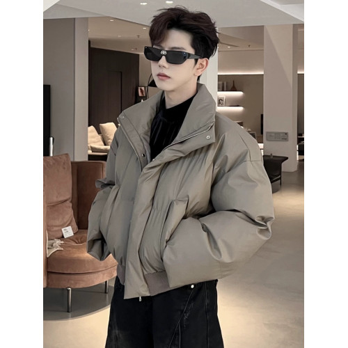 韓版冬季立領短款pu皮羽絨服男士加厚保暖高街小衆設計感痞帥棉服 韓版冬季立領短款pu皮羽絨服男士加厚保暖高街小衆設計感痞帥棉服