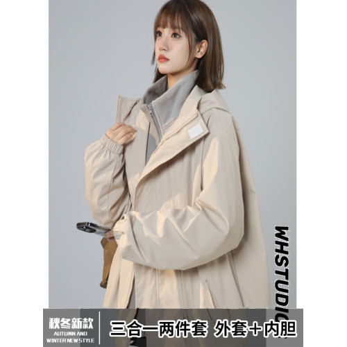 防風防水三合一沖鋒衣女秋冬胖mm大碼寬松加厚保暖二開工裝外套潮