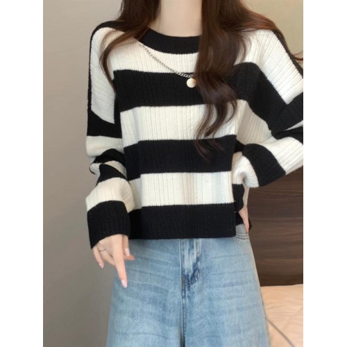 秋冬新款條紋針織打底衫毛衣女內搭圓領短款寬鬆小個子軟糯上衣潮