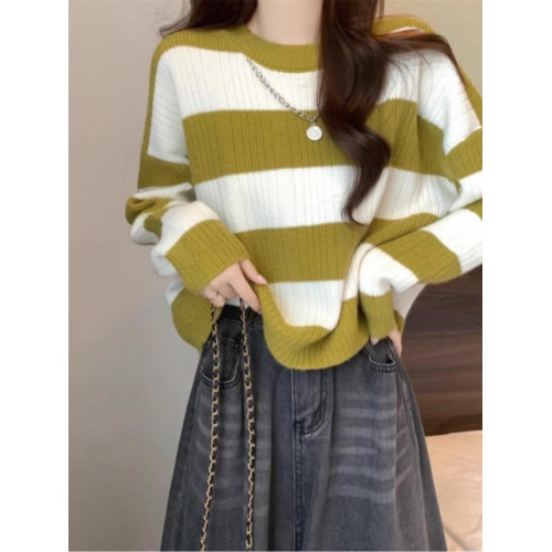 秋冬新款條紋針織打底衫毛衣女內搭圓領短款寬鬆小個子軟糯上衣潮