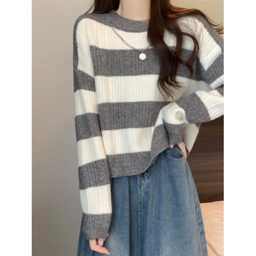 秋冬新款條紋針織打底衫毛衣女內搭圓領短款寬鬆小個子軟糯上衣潮